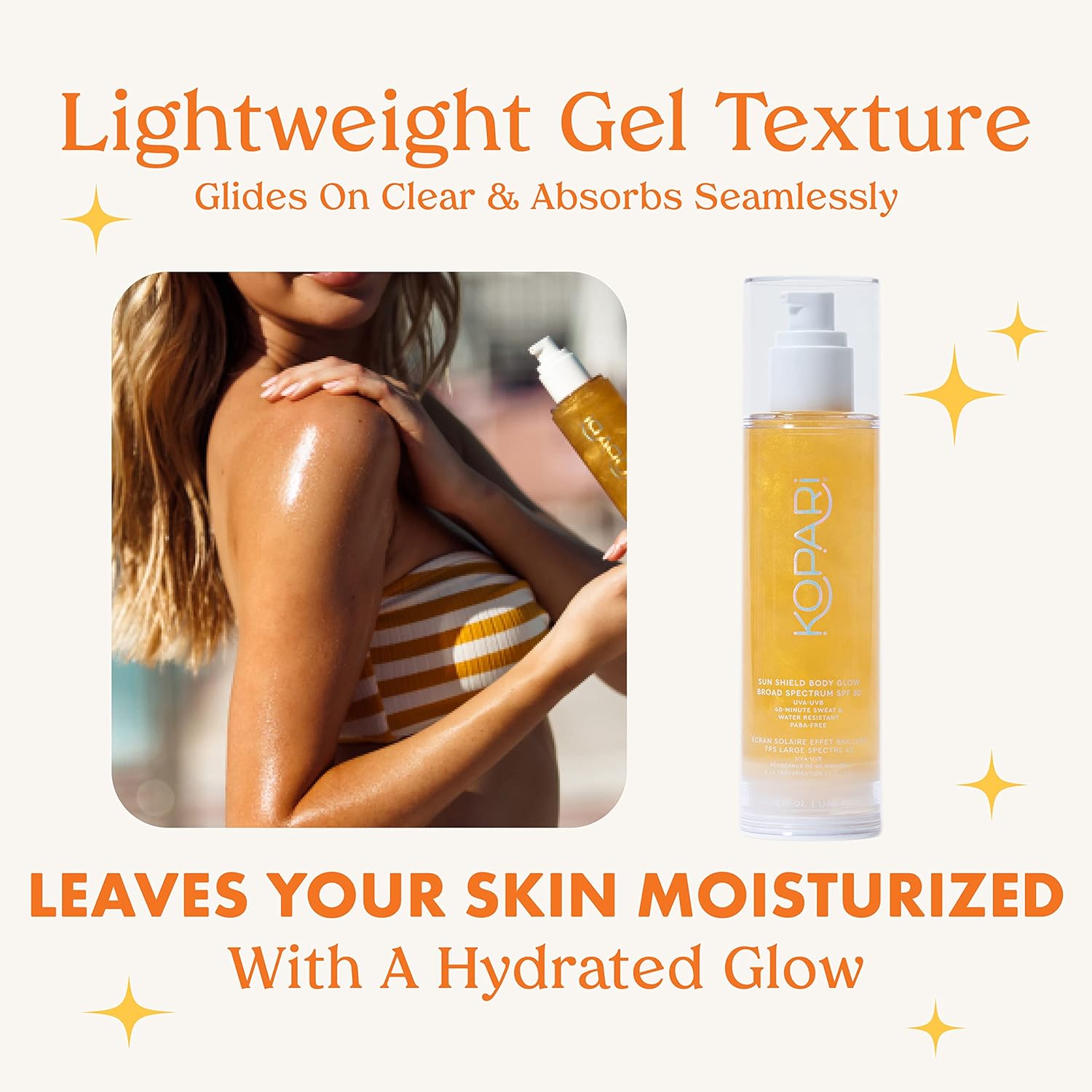Kopari Sun Shield Body Glow | SPF 50 UV Protection Sheer Sunscreen Gold Shimmer Mica Macadamia Hibiscus Avocado Coconut Oils